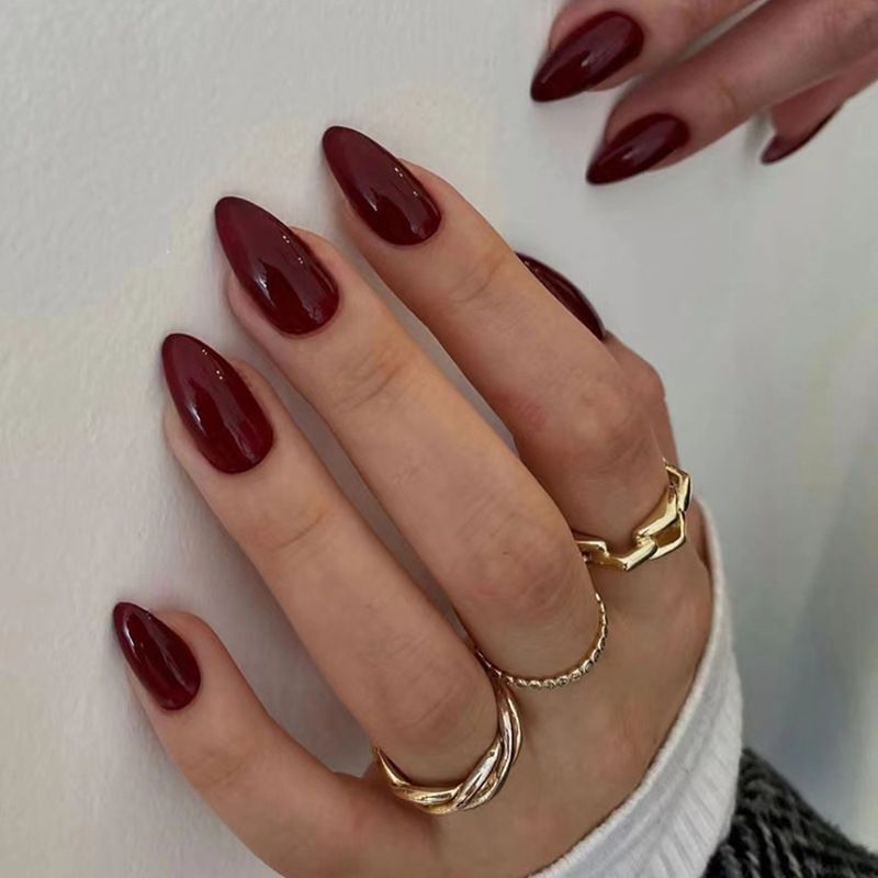 30pcs Wine Red Wearable Nail Stickers Detachable False Nail Tips With Jelly Stickers Nails Art Fake Nails Stickers for Women