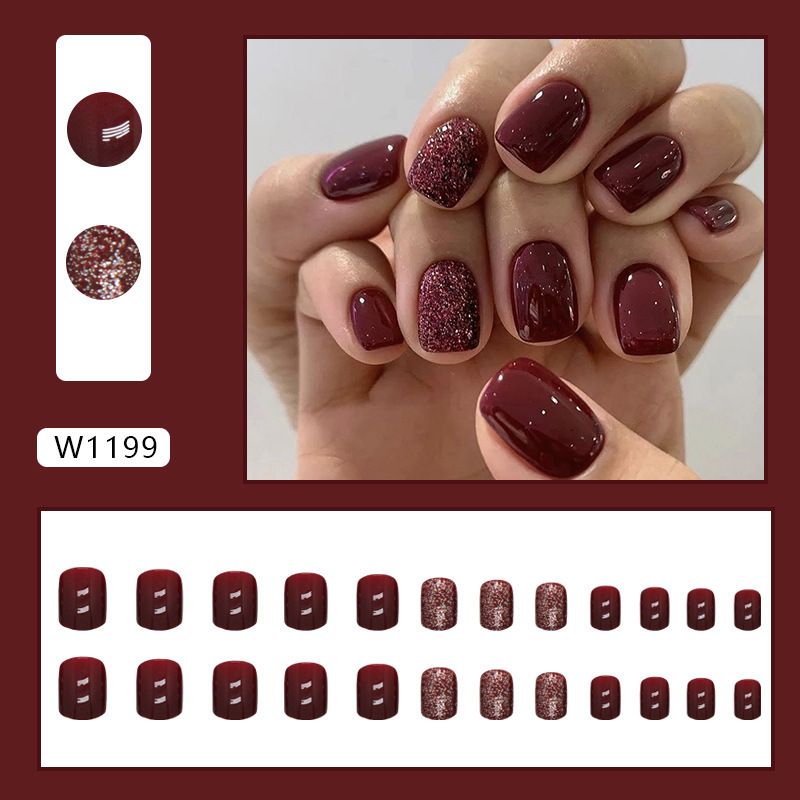 24pcs Shiny Fake Nails Reusable Stick On Nails Press on Full Cover False Nail Tips with Jelly Stickers Makeup Accessories Pink Wine view 7