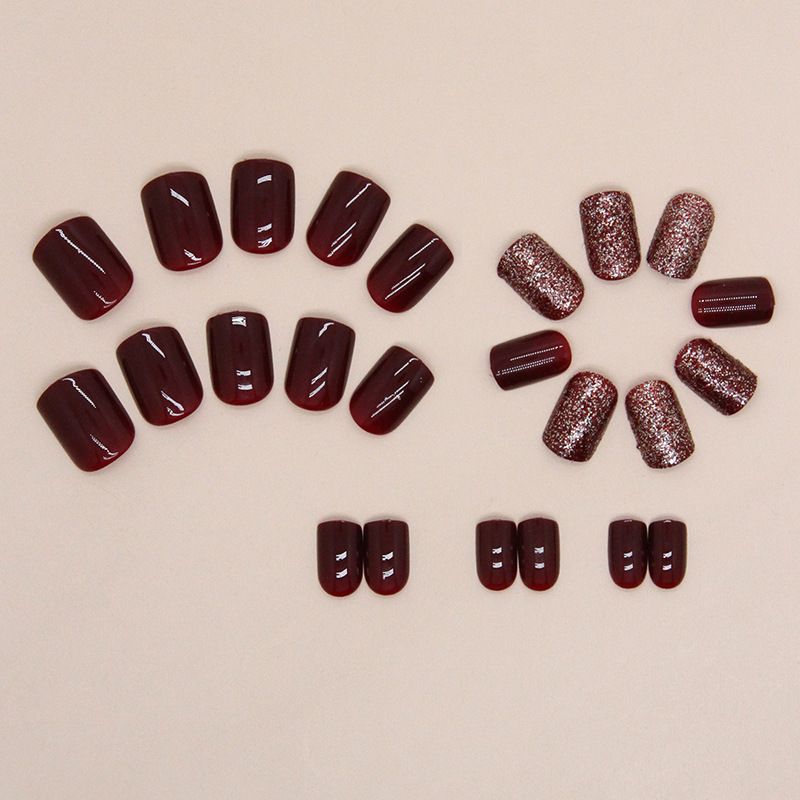 24pcs Shiny Fake Nails Reusable Stick On Nails Press on Full Cover False Nail Tips with Jelly Stickers Makeup Accessories Pink Wine view 10