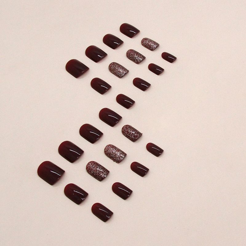 24pcs Shiny Fake Nails Reusable Stick On Nails Press on Full Cover False Nail Tips with Jelly Stickers Makeup Accessories Pink Wine view 9