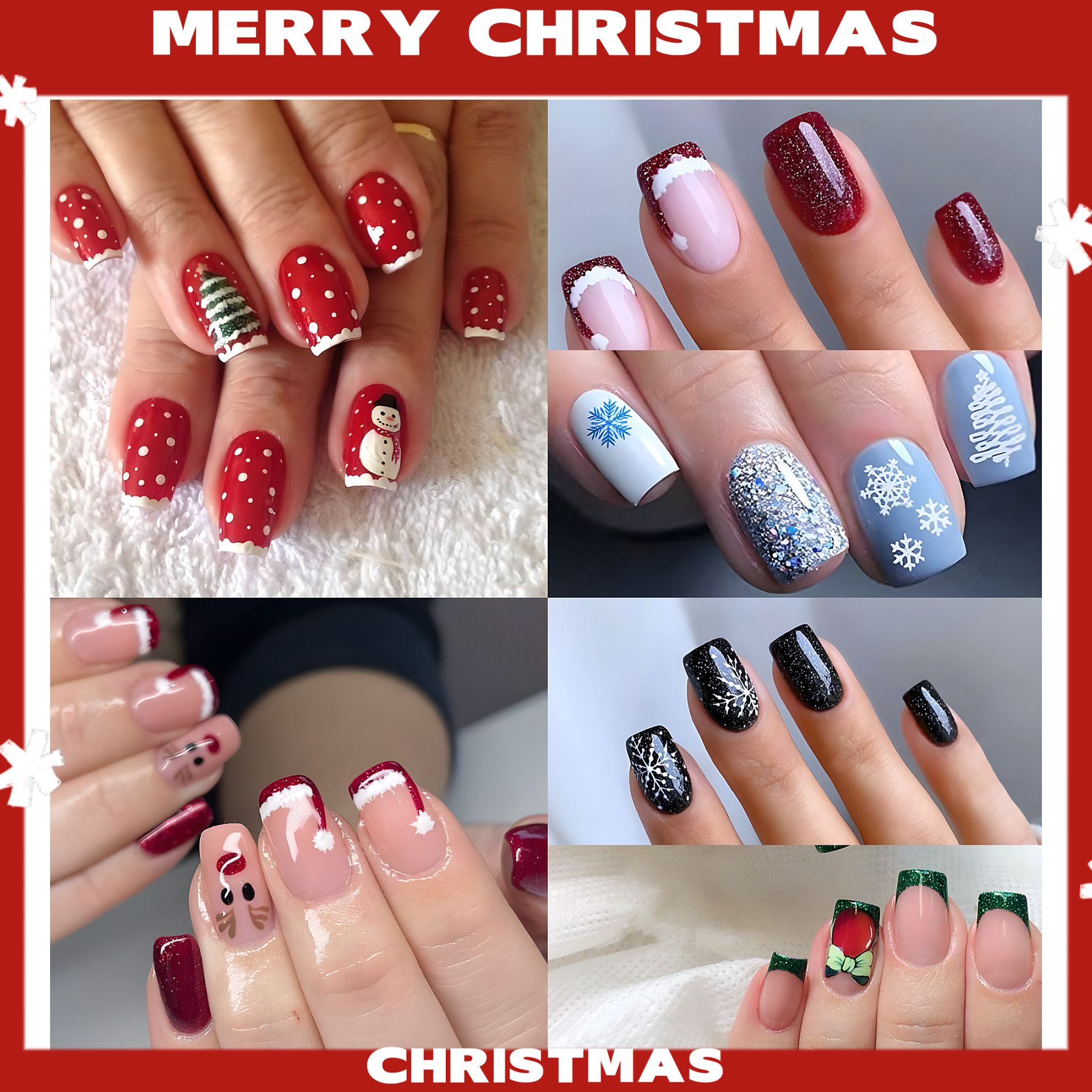 2024 NEW 24pcs Christmas Fake Nails Reusable Stick On Nails Press on Full Cover False Nail Tips with Jelly Short Stickers Makeup Accessories Snowflake Snowman  Design