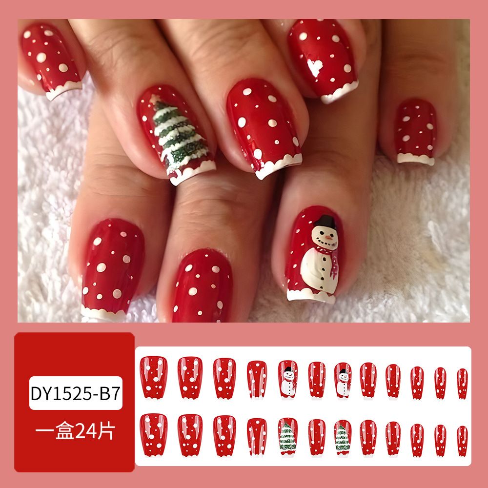 2024 NEW 24pcs Christmas Fake Nails Reusable Stick On Nails Press on Full Cover False Nail Tips with Jelly Short Stickers Makeup Accessories Snowflake Snowman  Design view 2