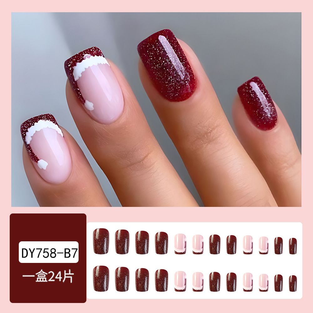 2024 NEW 24pcs Christmas Fake Nails Reusable Stick On Nails Press on Full Cover False Nail Tips with Jelly Short Stickers Makeup Accessories Snowflake Snowman  Design view 3
