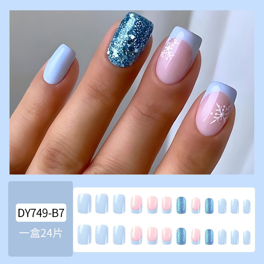 2024 NEW 24pcs Christmas Fake Nails Reusable Stick On Nails Press on Full Cover False Nail Tips with Jelly Short Stickers Makeup Accessories Snowflake Snowman  Design view 5