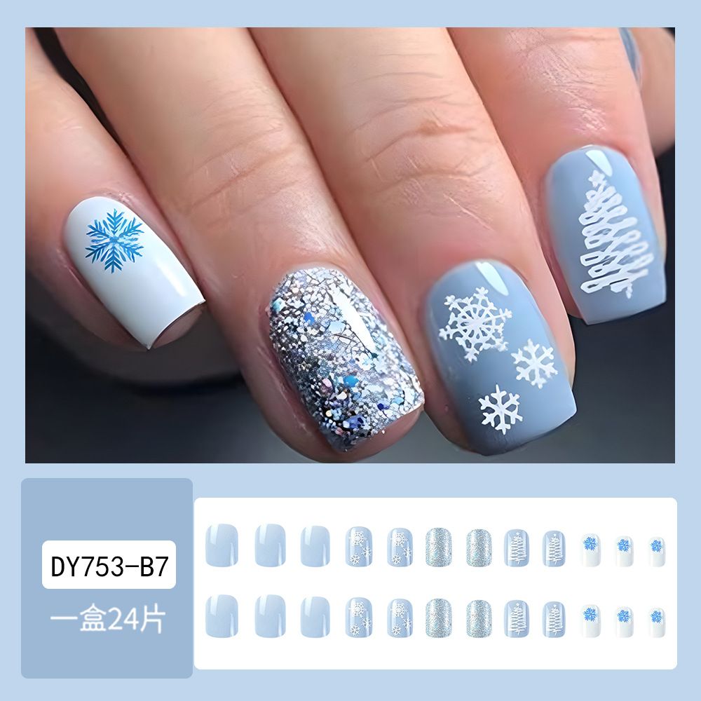 2024 NEW 24pcs Christmas Fake Nails Reusable Stick On Nails Press on Full Cover False Nail Tips with Jelly Short Stickers Makeup Accessories Snowflake Snowman  Design view 6
