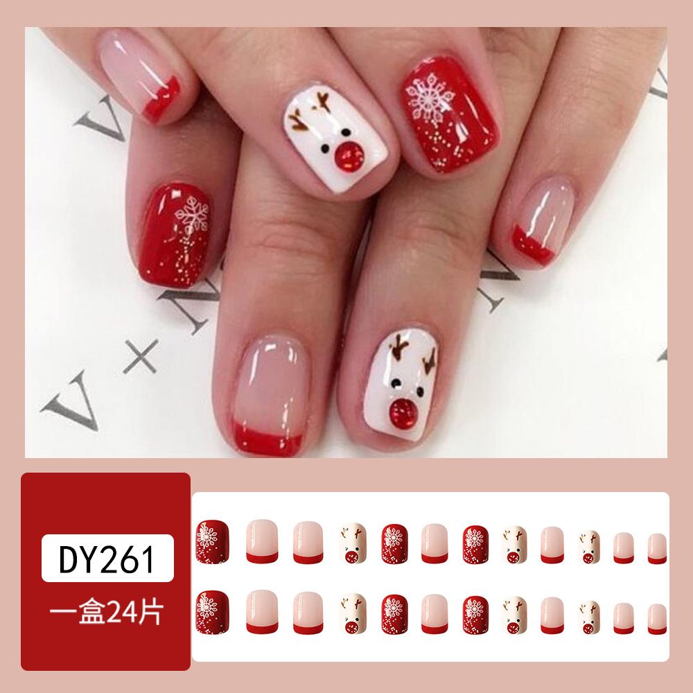 2024 NEW 24pcs Christmas Fake Nails Reusable Stick On Nails Press on Full Cover False Nail Tips with Jelly Short Stickers Makeup Accessories Snowflake Snowman  Design view 8