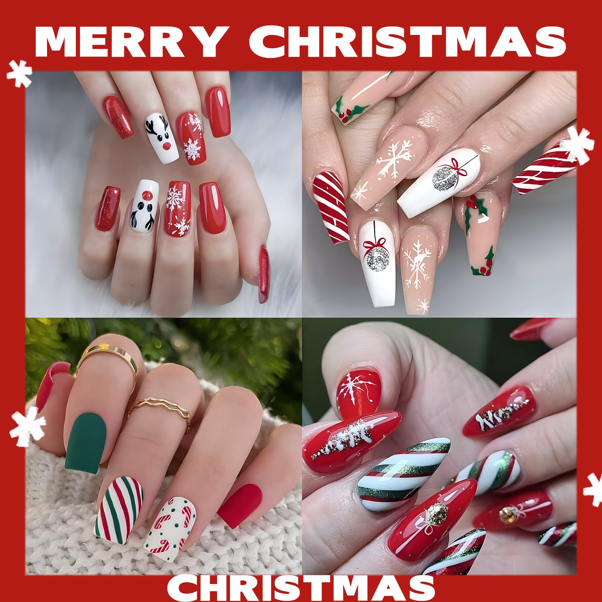 NEW 24pcs Christmas Fake Nails Reusable Stick On Nails Press on Full Cover False Nail Tips with Jelly Lengthy Stickers Makeup Accessories Snowflake Elk Design
