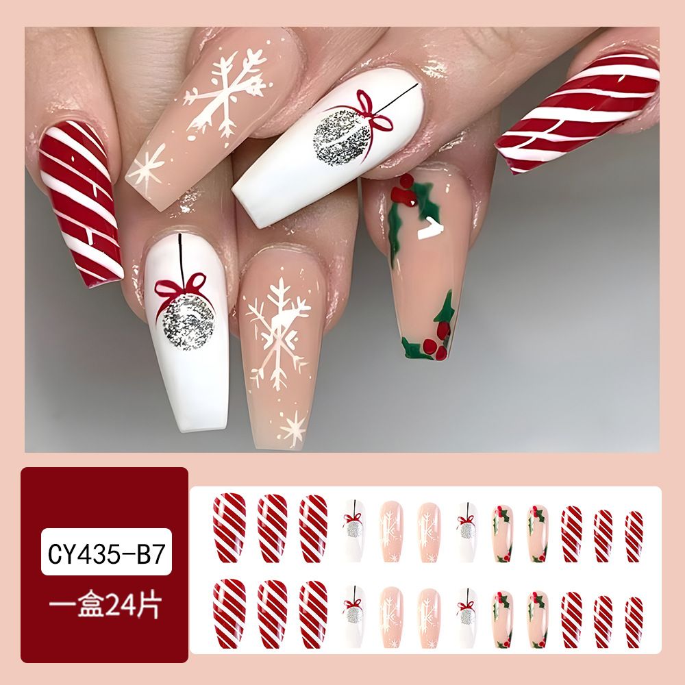 NEW 24pcs Christmas Fake Nails Reusable Stick On Nails Press on Full Cover False Nail Tips with Jelly Lengthy Stickers Makeup Accessories Snowflake Elk Design view 4