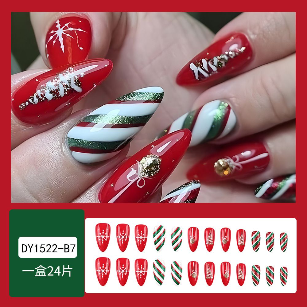 NEW 24pcs Christmas Fake Nails Reusable Stick On Nails Press on Full Cover False Nail Tips with Jelly Lengthy Stickers Makeup Accessories Snowflake Elk Design view 8