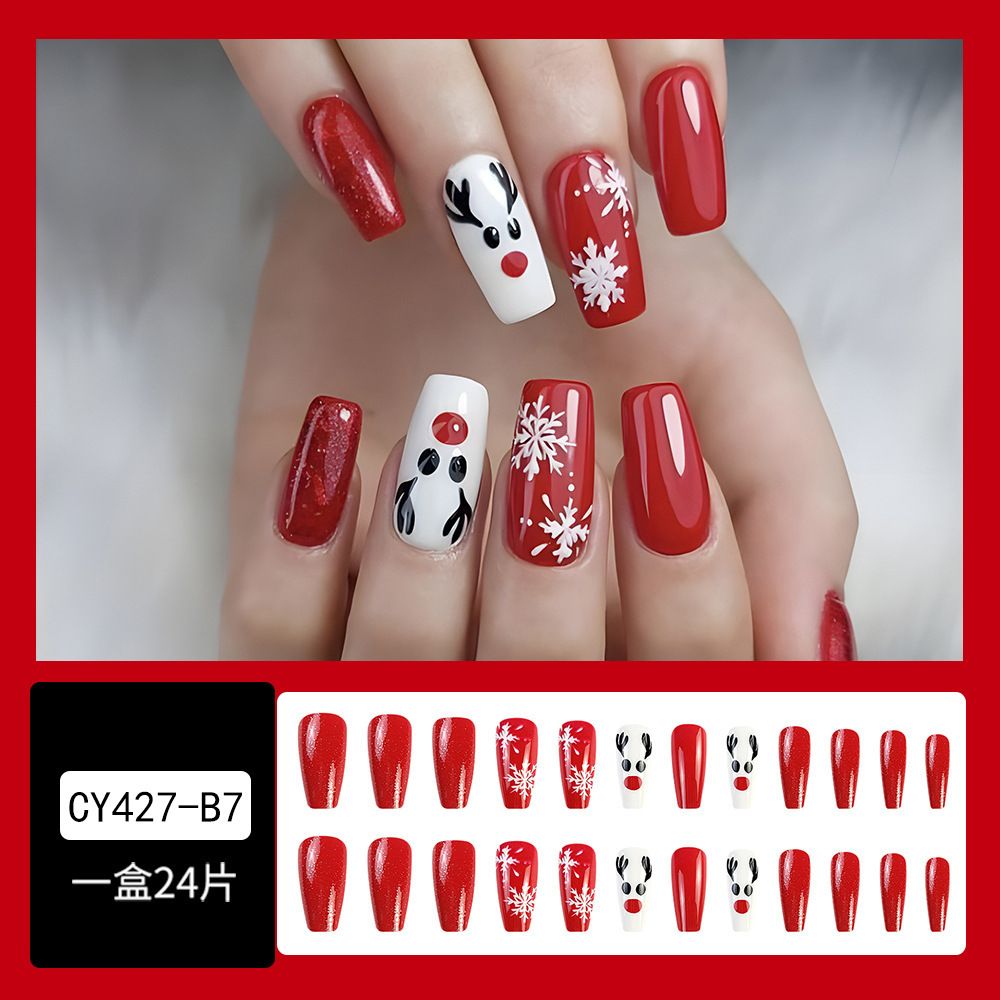 NEW 24pcs Christmas Fake Nails Reusable Stick On Nails Press on Full Cover False Nail Tips with Jelly Lengthy Stickers Makeup Accessories Snowflake Elk Design view 2