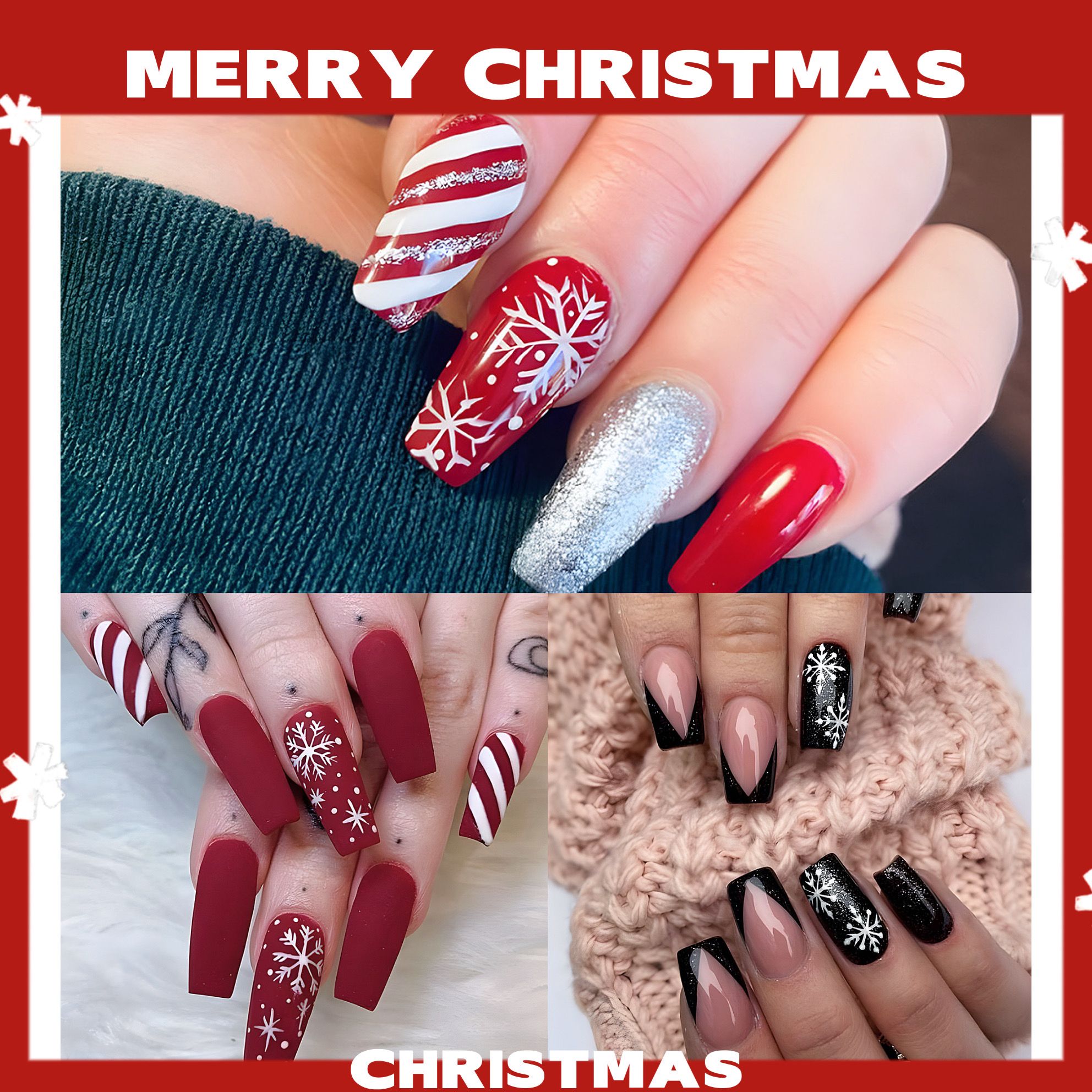 NEW 24pcs Christmas Fake Nails Reusable Stick On Nails Press on Full Cover False Nail Tips with Jelly Stickers Lengthy Makeup Accessories Snowflake Design