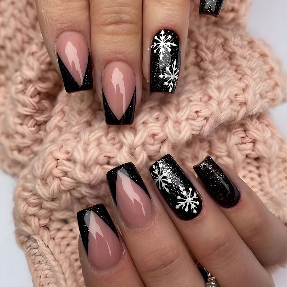 NEW 24pcs Christmas Fake Nails Reusable Stick On Nails Press on Full Cover False Nail Tips with Jelly Stickers Lengthy Makeup Accessories Snowflake Design view 5