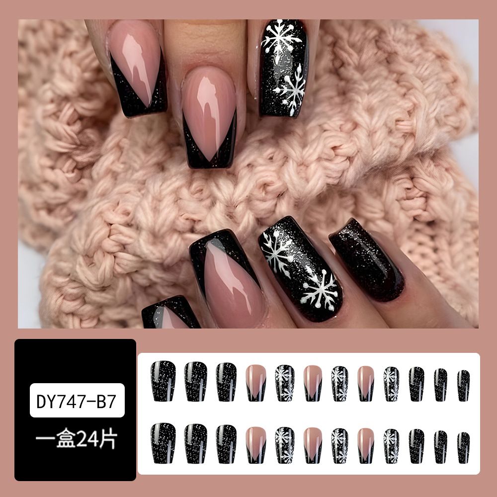 NEW 24pcs Christmas Fake Nails Reusable Stick On Nails Press on Full Cover False Nail Tips with Jelly Stickers Lengthy Makeup Accessories Snowflake Design view 4