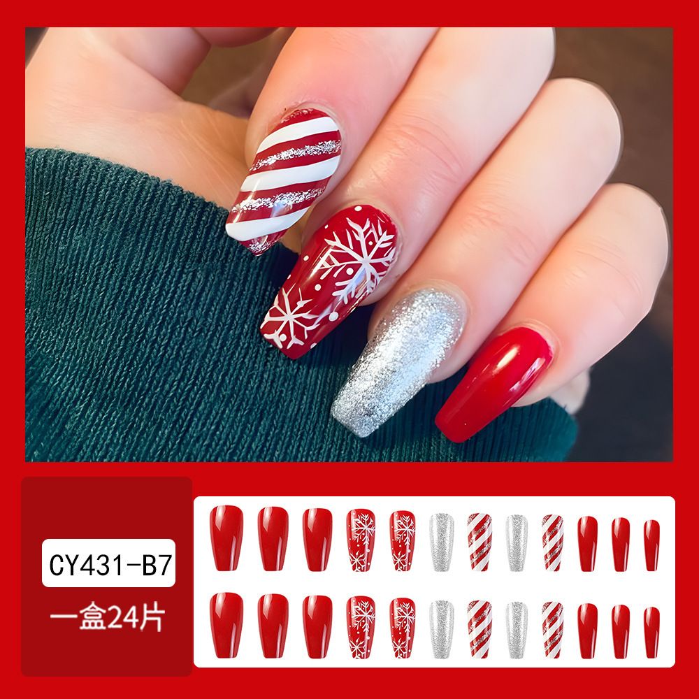 NEW 24pcs Christmas Fake Nails Reusable Stick On Nails Press on Full Cover False Nail Tips with Jelly Stickers Lengthy Makeup Accessories Snowflake Design view 2