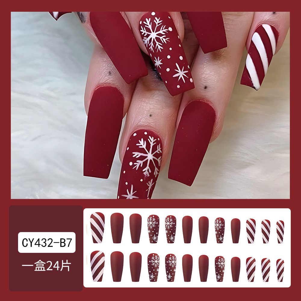 NEW 24pcs Christmas Fake Nails Reusable Stick On Nails Press on Full Cover False Nail Tips with Jelly Stickers Lengthy Makeup Accessories Snowflake Design view 3