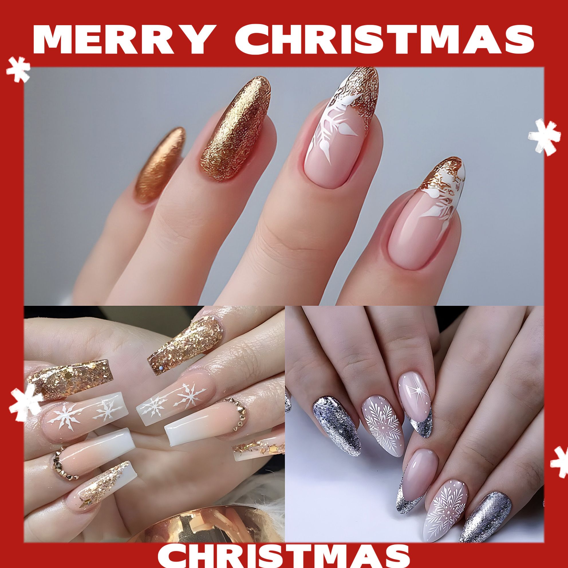NEW 24pcs Christmas Fake Nails Reusable Stick On Nails Press on Full Cover False Nail Tips with Jelly Lengthy Stickers Makeup Accessories Gold Silver Snowflake Design