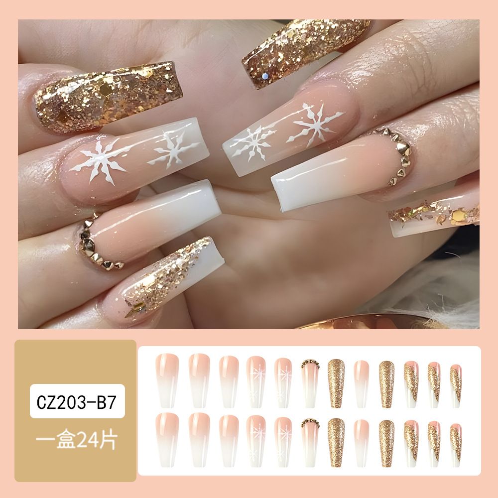 NEW 24pcs Christmas Fake Nails Reusable Stick On Nails Press on Full Cover False Nail Tips with Jelly Lengthy Stickers Makeup Accessories Gold Silver Snowflake Design view 2