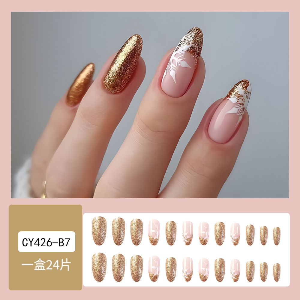 NEW 24pcs Christmas Fake Nails Reusable Stick On Nails Press on Full Cover False Nail Tips with Jelly Lengthy Stickers Makeup Accessories Gold Silver Snowflake Design view 3
