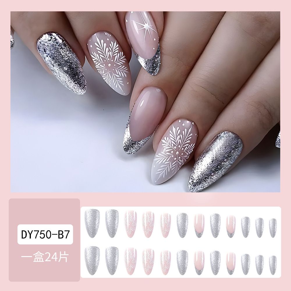 NEW 24pcs Christmas Fake Nails Reusable Stick On Nails Press on Full Cover False Nail Tips with Jelly Lengthy Stickers Makeup Accessories Gold Silver Snowflake Design view 4