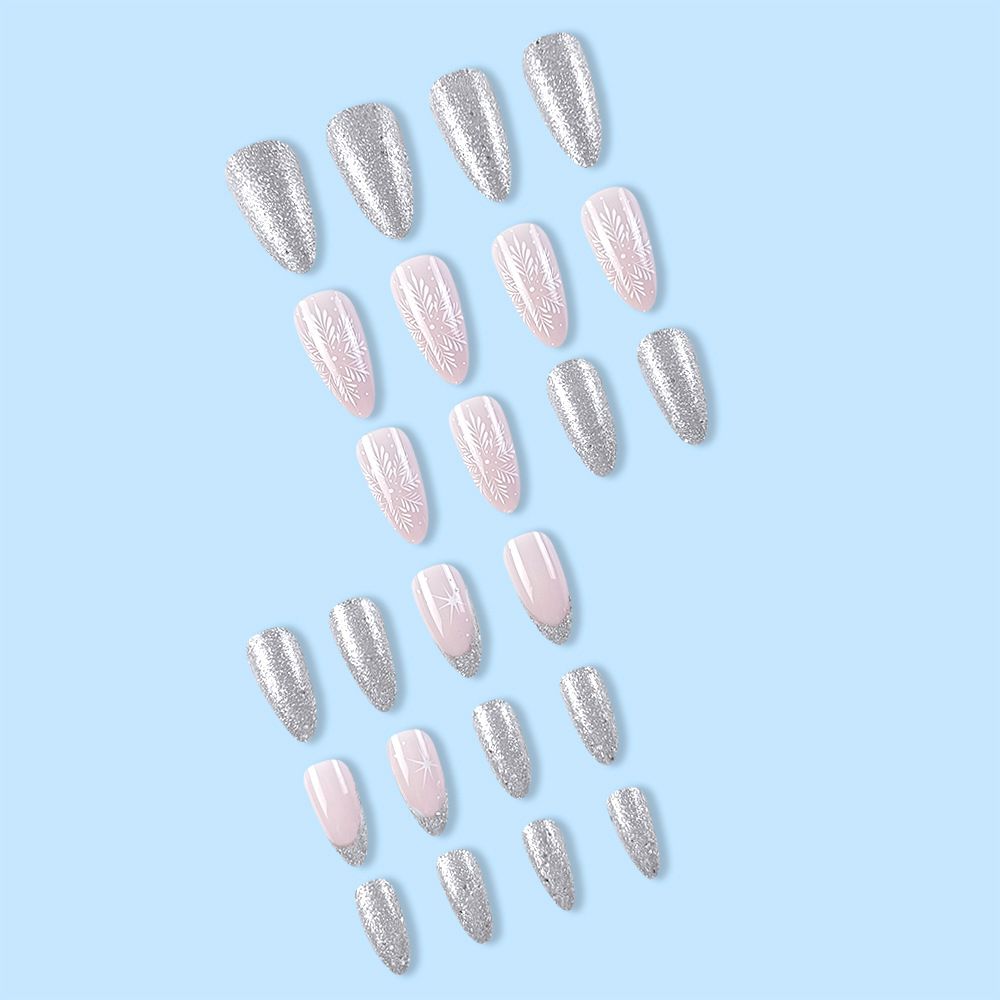 NEW 24pcs Christmas Fake Nails Reusable Stick On Nails Press on Full Cover False Nail Tips with Jelly Lengthy Stickers Makeup Accessories Gold Silver Snowflake Design view 10