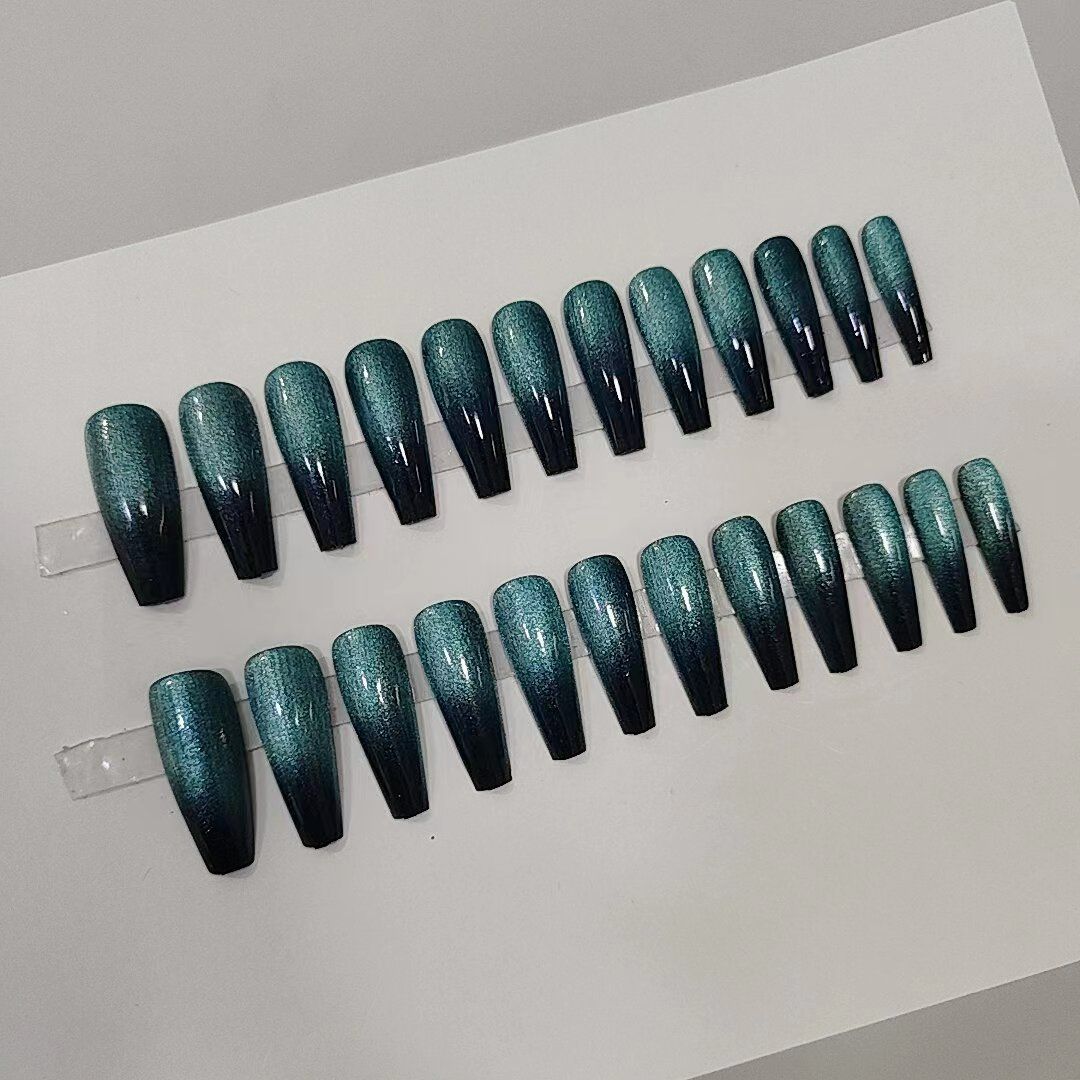 NEW 24pcs Cat Eye Fake Nails Reusable Stick On Nails Press on Full Cover False Nail Tips Stickers Makeup Accessories Gradient Design Blue Black view 4