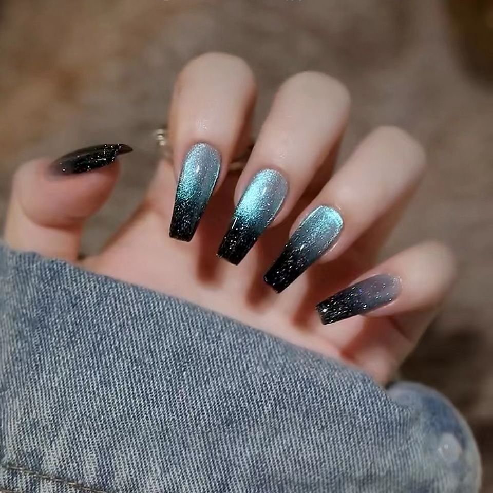 NEW 24pcs Cat Eye Fake Nails Reusable Stick On Nails Press on Full Cover False Nail Tips Stickers Makeup Accessories Gradient Design Blue Black view 2