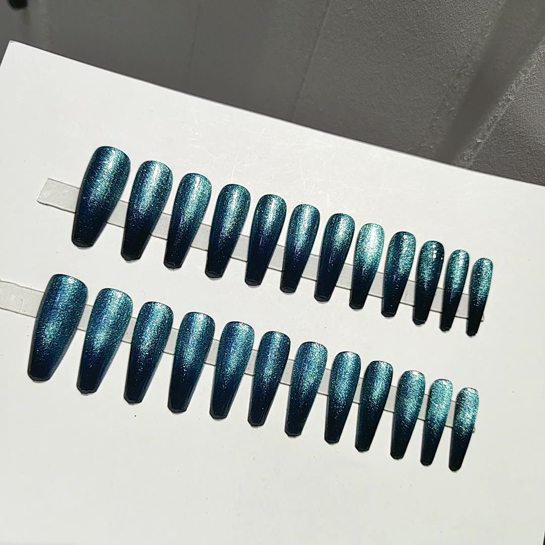 NEW 24pcs Cat Eye Fake Nails Reusable Stick On Nails Press on Full Cover False Nail Tips Stickers Makeup Accessories Gradient Design Blue Black view 3