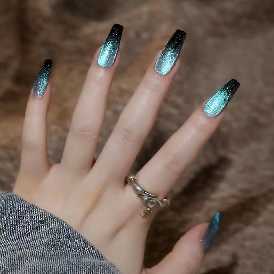 NEW 24pcs Cat Eye Fake Nails Reusable Stick On Nails Press on Full Cover False Nail Tips Stickers Makeup Accessories Gradient Design Blue Black
