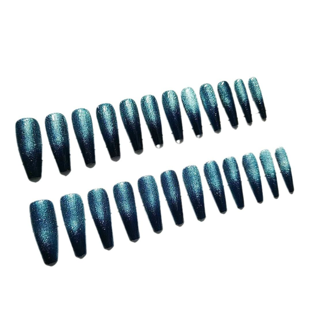 NEW 24pcs Cat Eye Fake Nails Reusable Stick On Nails Press on Full Cover False Nail Tips Stickers Makeup Accessories Gradient Design Blue Black view 5