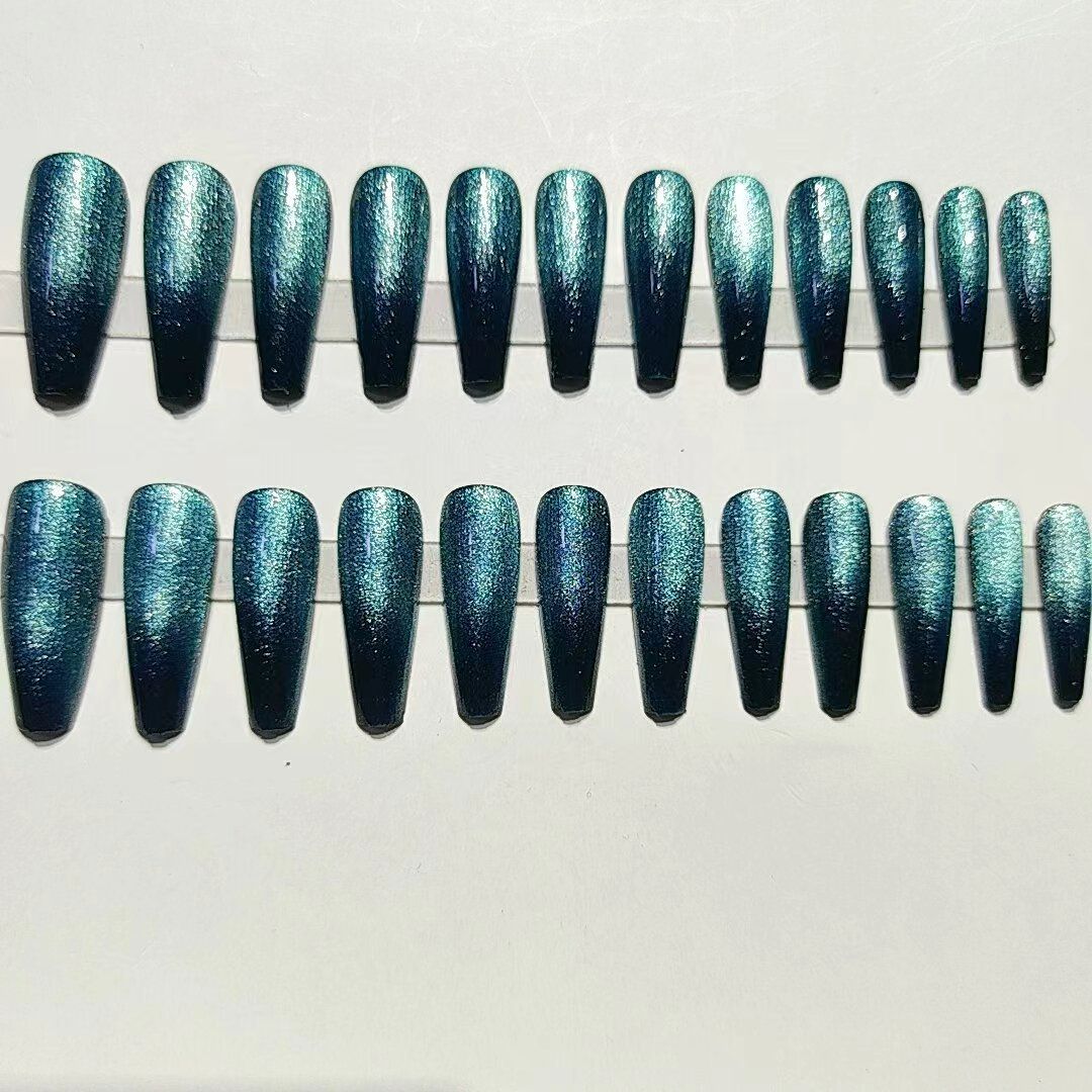 NEW 24pcs Cat Eye Fake Nails Reusable Stick On Nails Press on Full Cover False Nail Tips Stickers Makeup Accessories Gradient Design Blue Black view 10