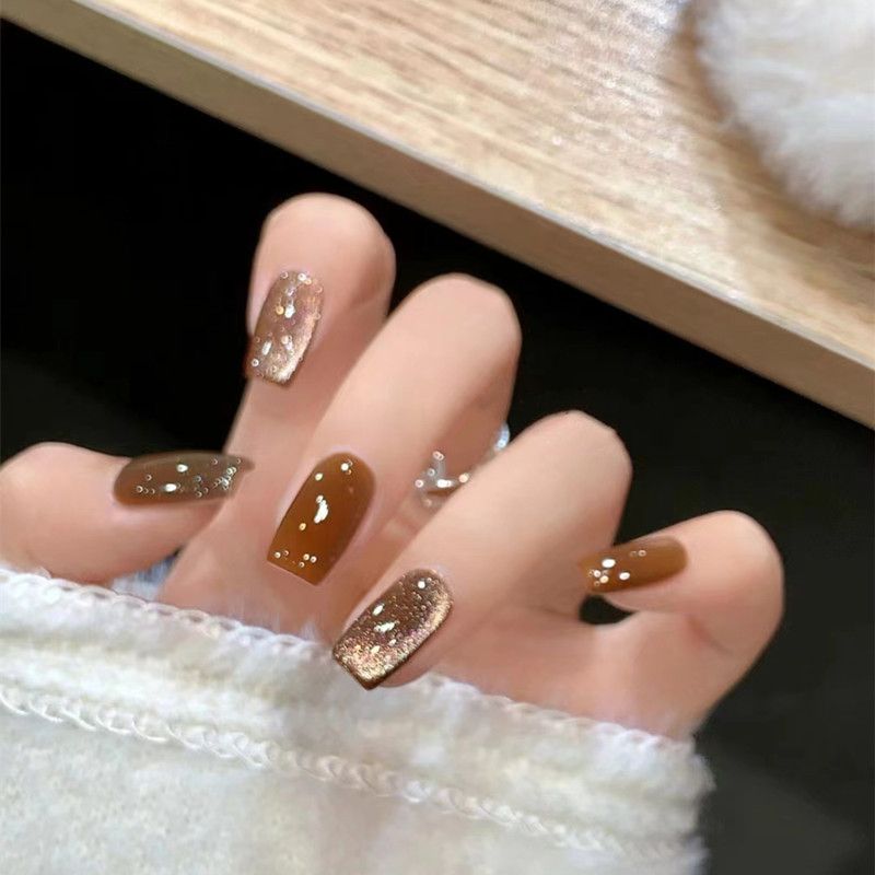 2024 NEW 24pcs Cat Eye Fake Nails Reusable Stick On Nails Press on Full Cover False Nail Tips Stickers Makeup Accessories Pure Coffee Color