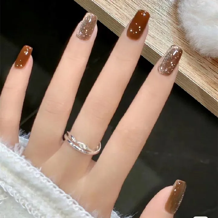 2024 NEW 24pcs Cat Eye Fake Nails Reusable Stick On Nails Press on Full Cover False Nail Tips Stickers Makeup Accessories Pure Coffee Color