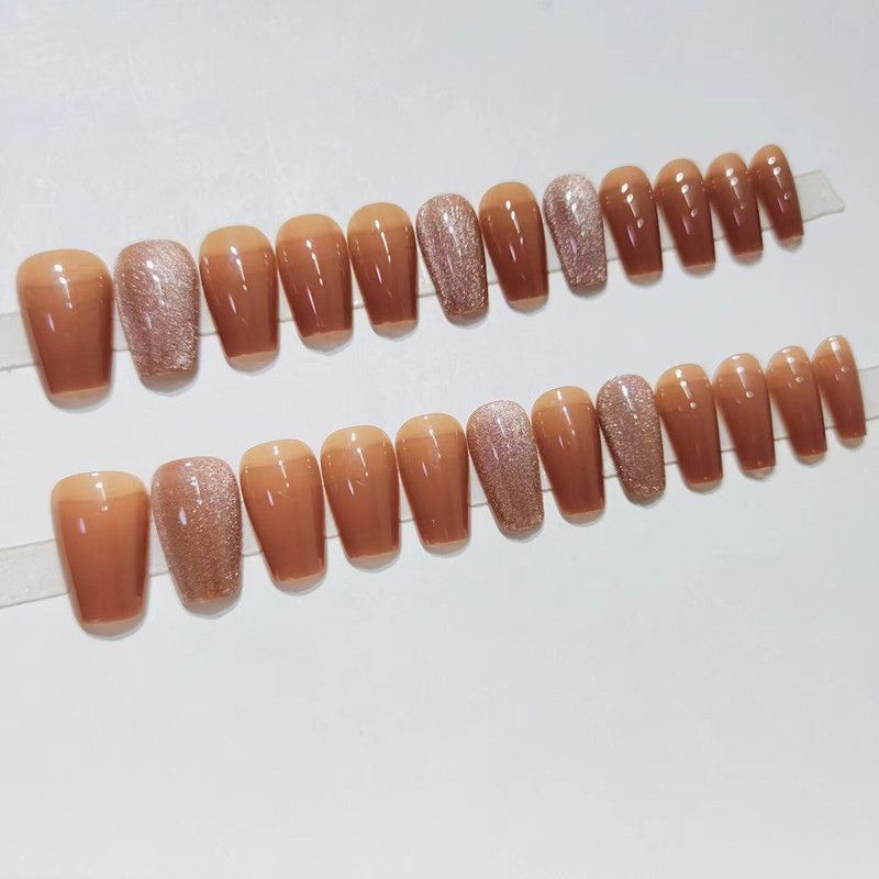 2024 NEW 24pcs Cat Eye Fake Nails Reusable Stick On Nails Press on Full Cover False Nail Tips Stickers Makeup Accessories Pure Coffee Color