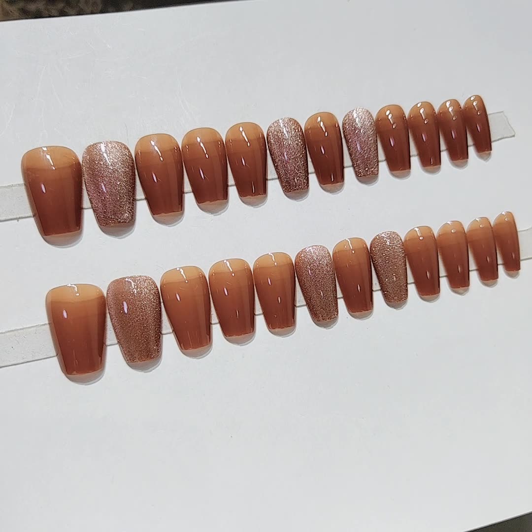 2024 NEW 24pcs Cat Eye Fake Nails Reusable Stick On Nails Press on Full Cover False Nail Tips Stickers Makeup Accessories Pure Coffee Color