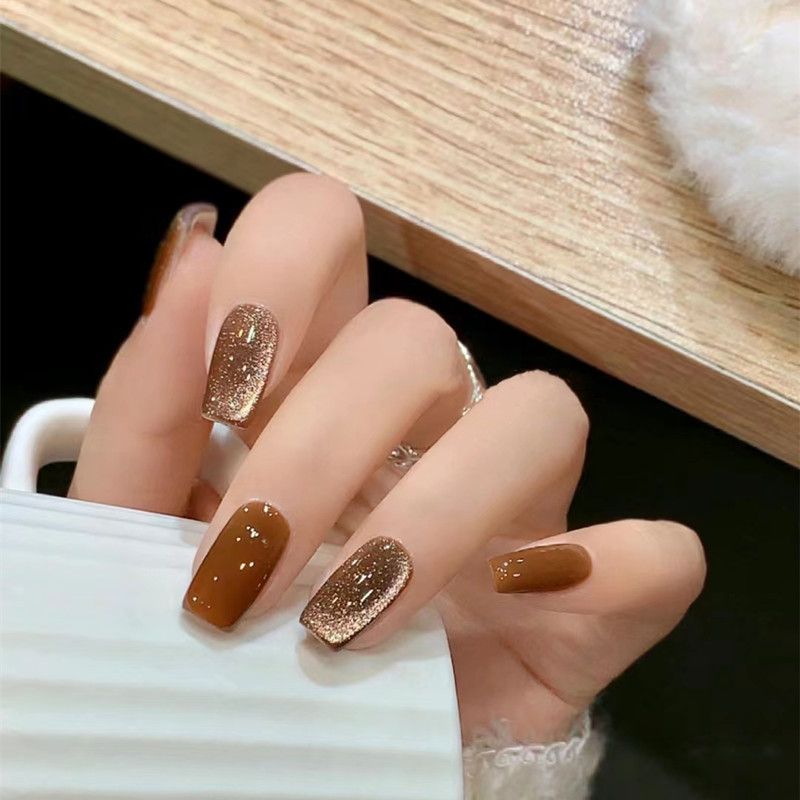 2024 NEW 24pcs Cat Eye Fake Nails Reusable Stick On Nails Press on Full Cover False Nail Tips Stickers Makeup Accessories Pure Coffee Color