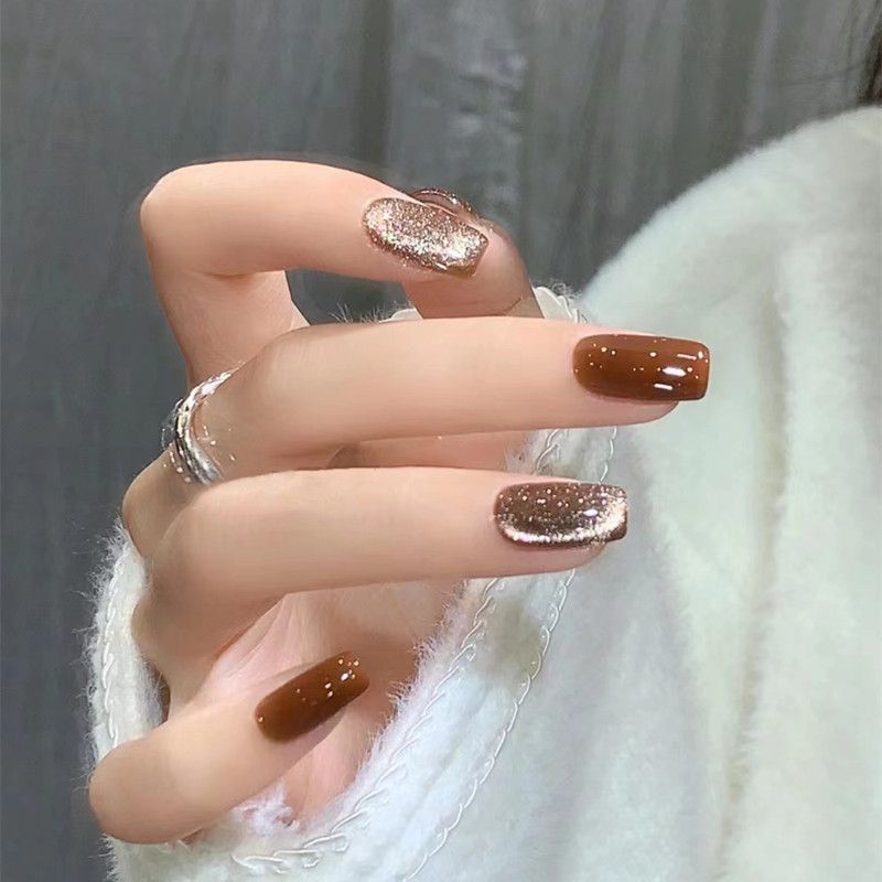 2024 NEW 24pcs Cat Eye Fake Nails Reusable Stick On Nails Press on Full Cover False Nail Tips Stickers Makeup Accessories Pure Coffee Color
