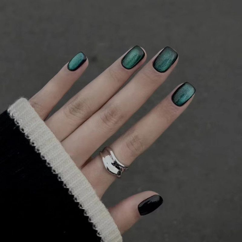 NEW 24pcs Cat Eye Fake Nails Reusable Stick On Nails Press on Full Cover False Nail Tips Stickers Makeup Accessories Pure Dark Green Color