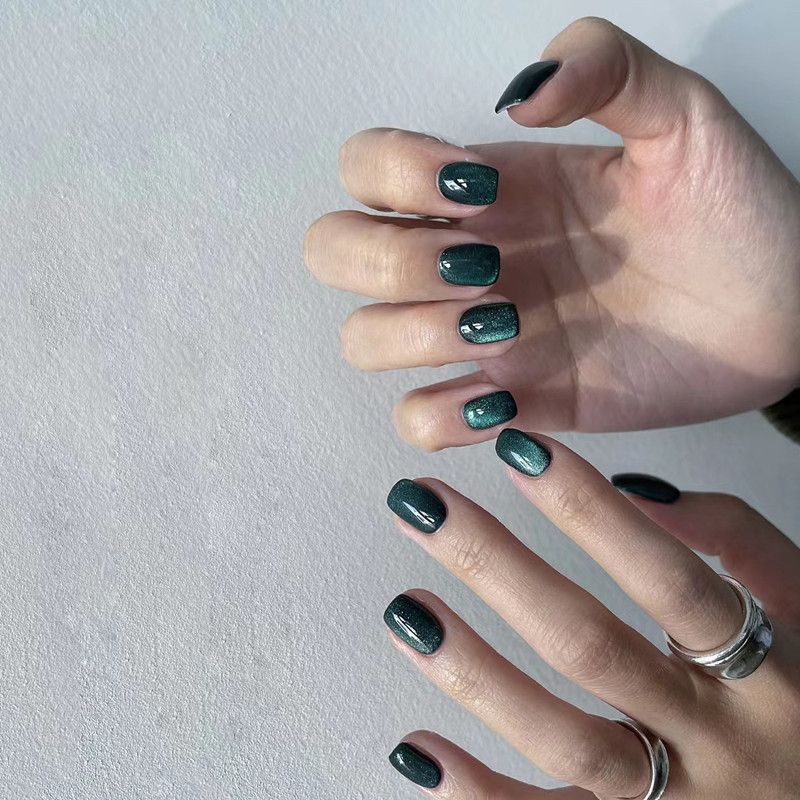 NEW 24pcs Cat Eye Fake Nails Reusable Stick On Nails Press on Full Cover False Nail Tips Stickers Makeup Accessories Pure Dark Green Color view 3