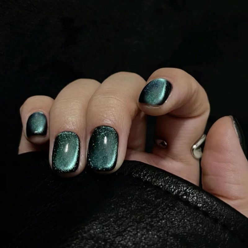 NEW 24pcs Cat Eye Fake Nails Reusable Stick On Nails Press on Full Cover False Nail Tips Stickers Makeup Accessories Pure Dark Green Color view 2