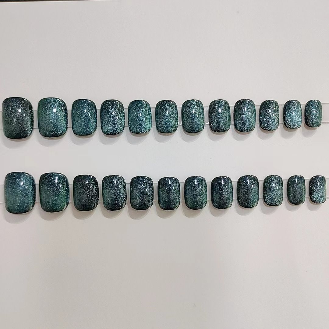 NEW 24pcs Cat Eye Fake Nails Reusable Stick On Nails Press on Full Cover False Nail Tips Stickers Makeup Accessories Pure Dark Green Color view 6