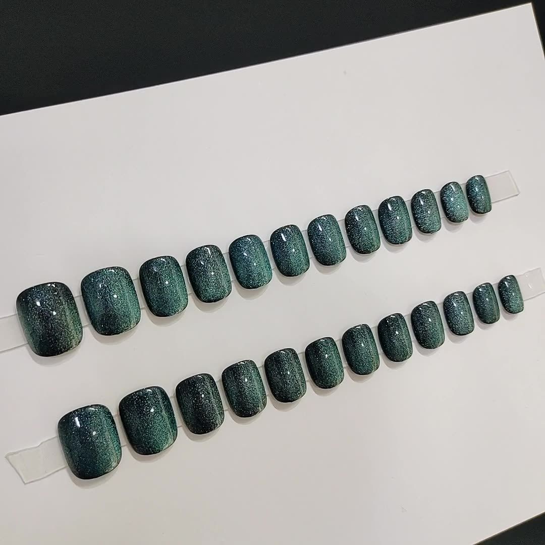 NEW 24pcs Cat Eye Fake Nails Reusable Stick On Nails Press on Full Cover False Nail Tips Stickers Makeup Accessories Pure Dark Green Color view 4