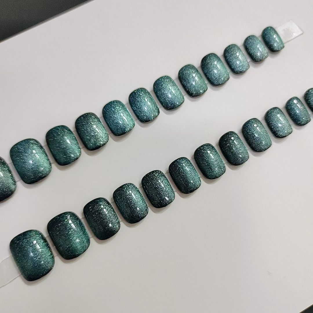 NEW 24pcs Cat Eye Fake Nails Reusable Stick On Nails Press on Full Cover False Nail Tips Stickers Makeup Accessories Pure Dark Green Color view 8