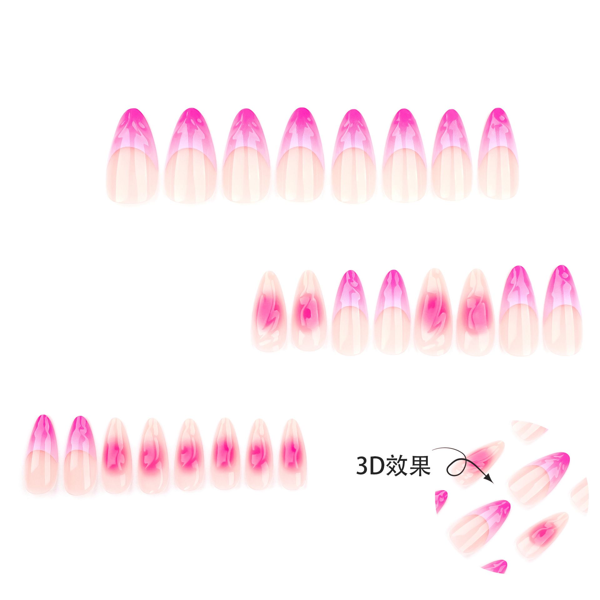 24Pcs/Set Pink Tear 3D Reusable Wearable False Nail Stickers Set Full Cover Nail Designs Press for Womens view 8