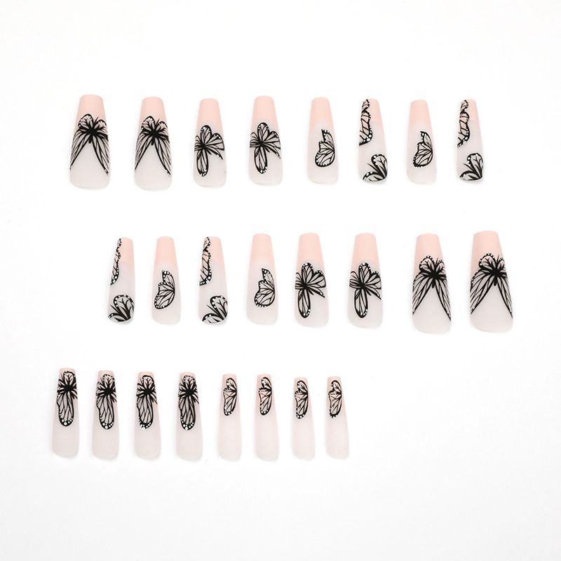 24Pcs/Set Wearable False Nail Stickers Set Naked Black Butterfly Full Cover Nail Designs with Fake Diamonds Press for Womens