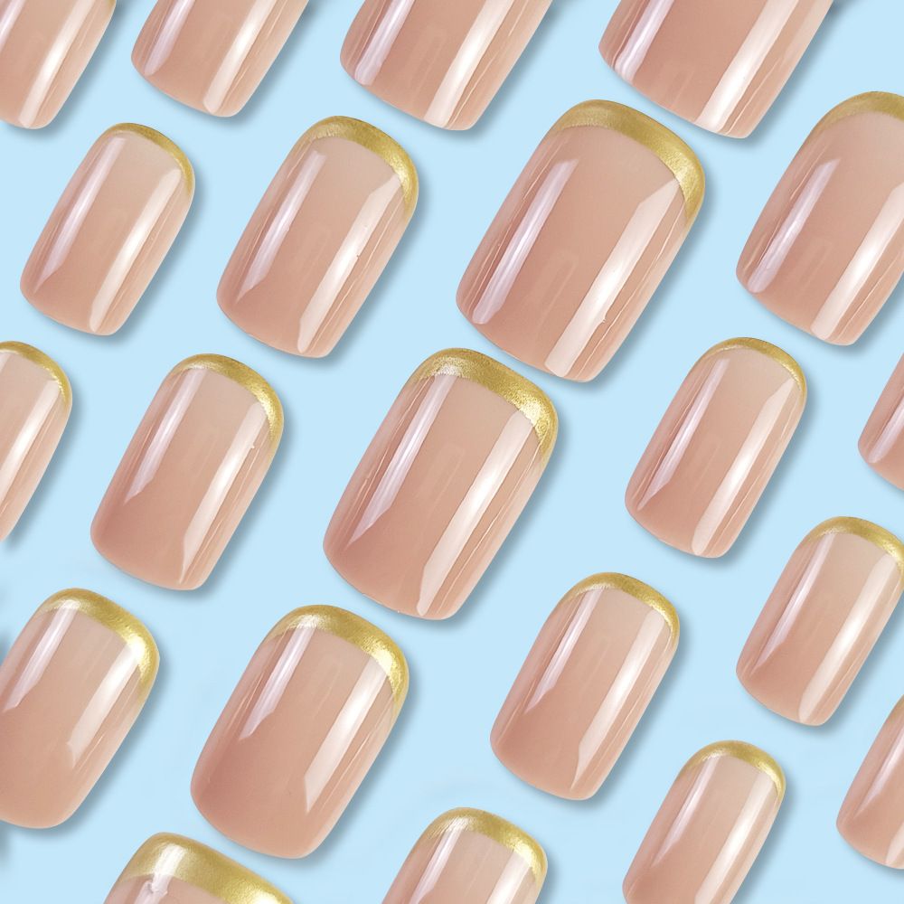 24pcs Shiny Fake Nails Reusable Stick On Nails Press on Full Cover False Nail Tips with Jelly Stickers Makeup Accessories Pink Naked Color