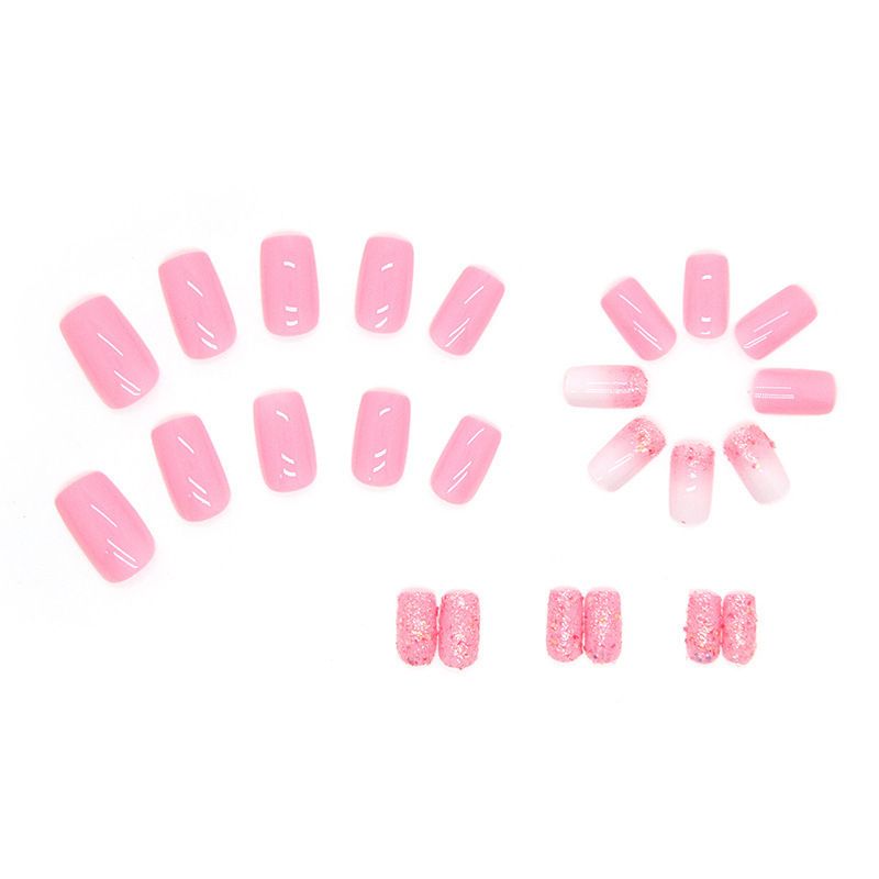 24pcs Shiny Fake Nails Reusable Stick On Nails Press on Full Cover False Nail Tips with Jelly Stickers Makeup Accessories Pink Color