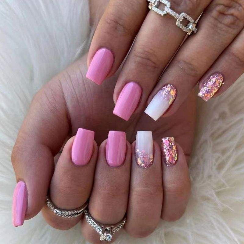 24pcs Shiny Fake Nails Reusable Stick On Nails Press on Full Cover False Nail Tips with Jelly Stickers Makeup Accessories Pink Color