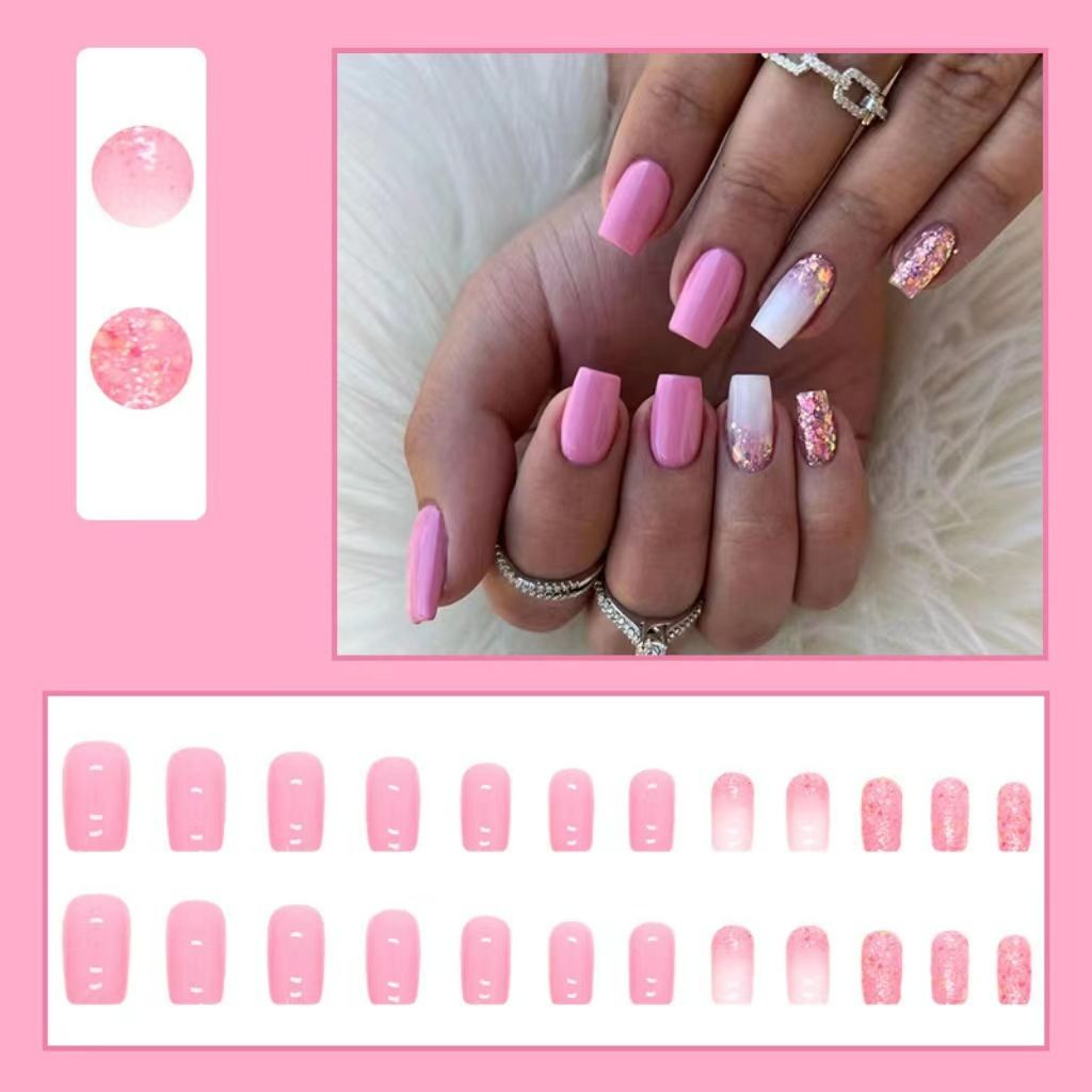 24pcs Shiny Fake Nails Reusable Stick On Nails Press on Full Cover False Nail Tips with Jelly Stickers Makeup Accessories Pink Color