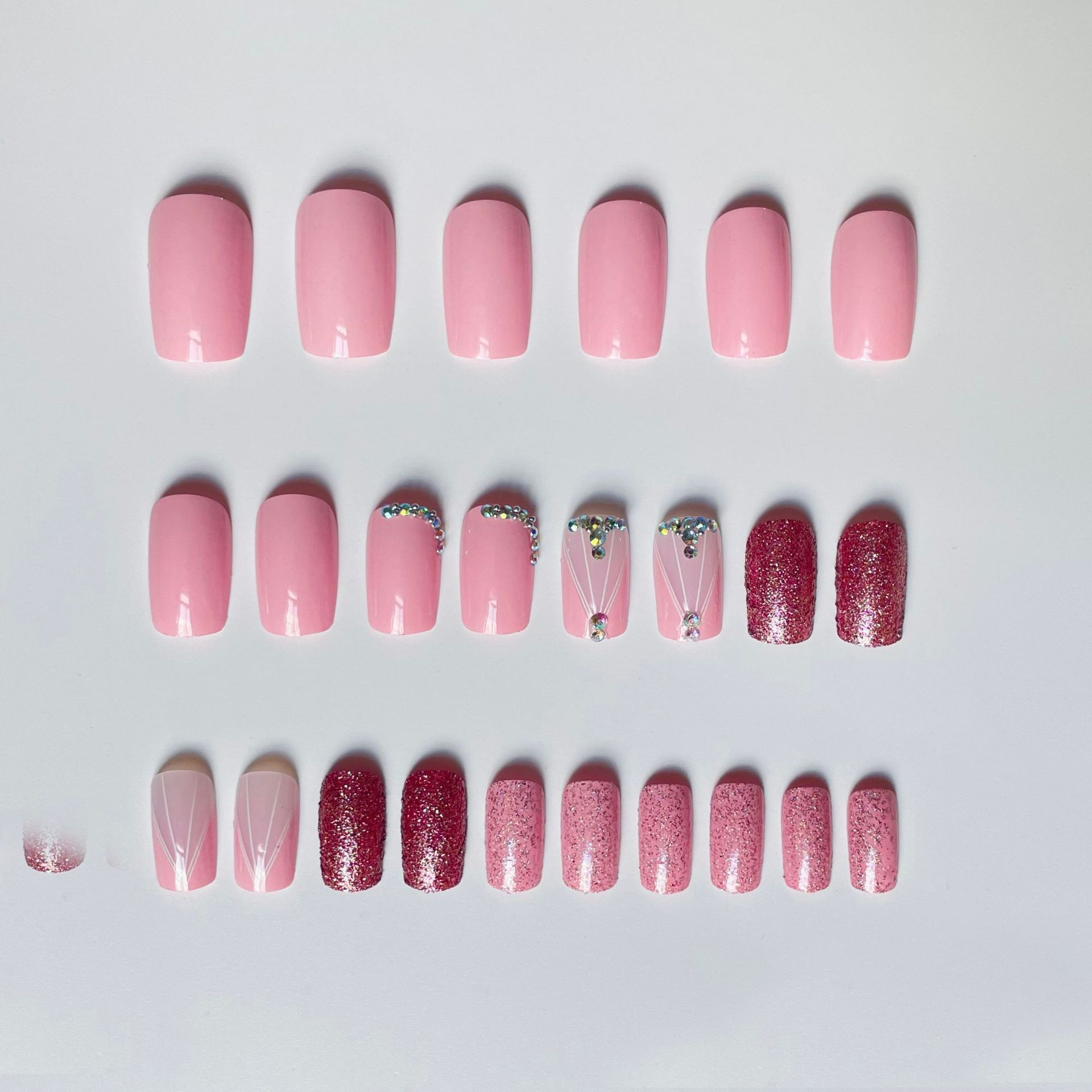24pcs Shiny Fake Nails Reusable Stick On Nails Press on Full Cover False Nail Tips with Jelly Stickers Makeup Accessories Pink Color