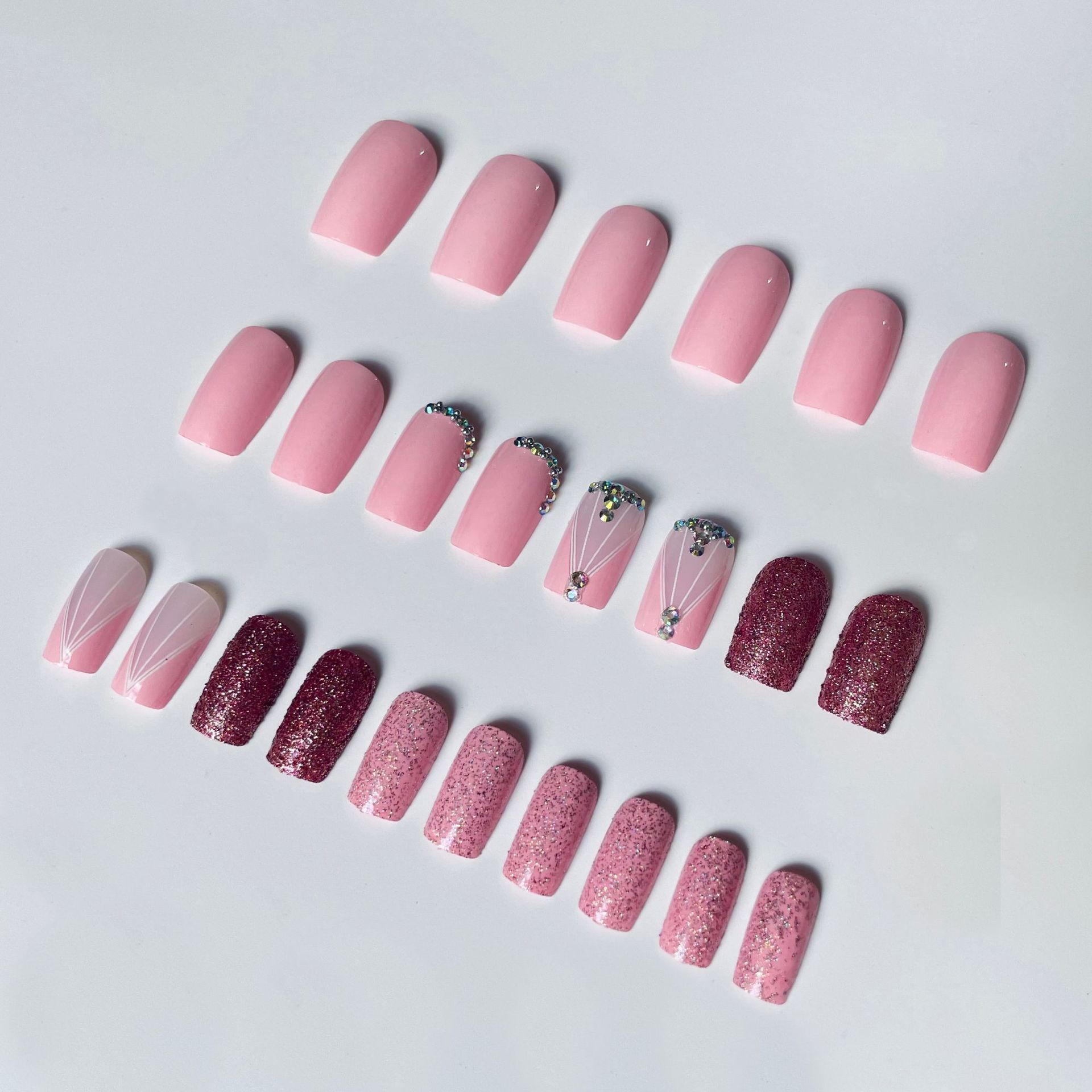 24pcs Shiny Fake Nails Reusable Stick On Nails Press on Full Cover False Nail Tips with Jelly Stickers Makeup Accessories Pink Color